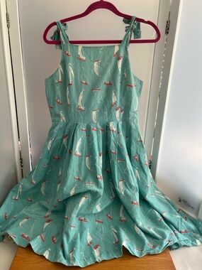 Knitted dove cotton summer dress w/pockets lined sz M sailboat cottagecore